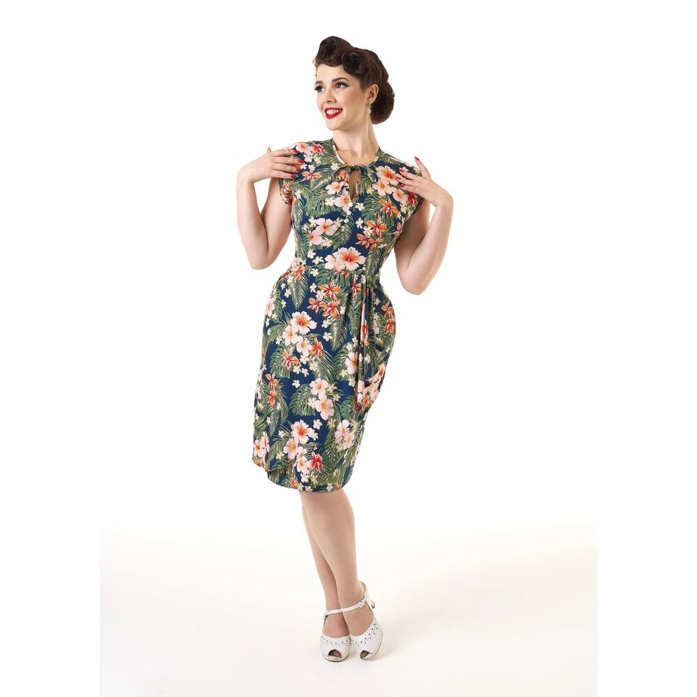 Pretty Retro 1940s Veronica Tea Dress Tiki Print UK12